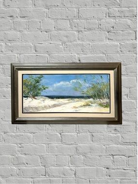 VINTAGE FRAMED ORIGINAL OIL PAINTING SIGNED DUNES SEASCAPE